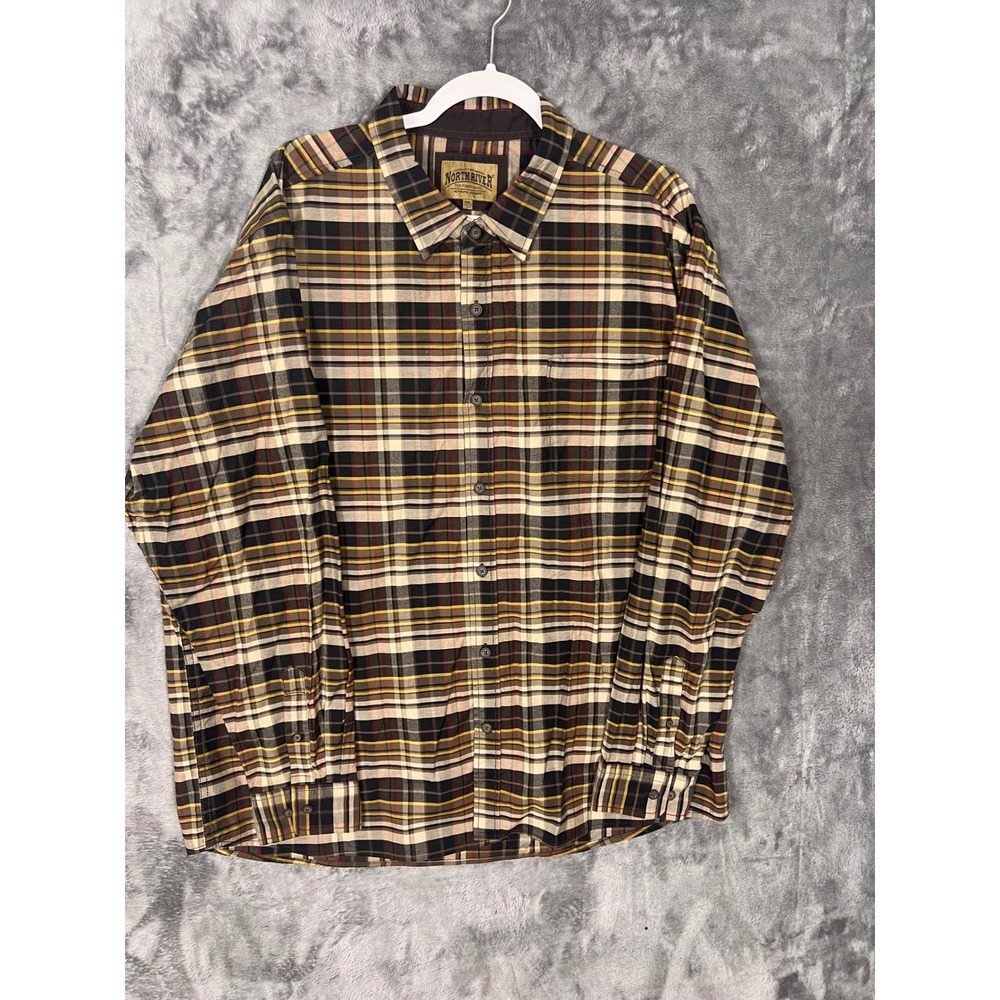 North River Mens XXL Plaid Button Down Shirt Brown Tan Yellow Long Sleeve Tops